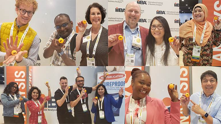 A collage of dfifferent business analysis professionals smiling and holding the orange Analysis Everywhere ping pong ball