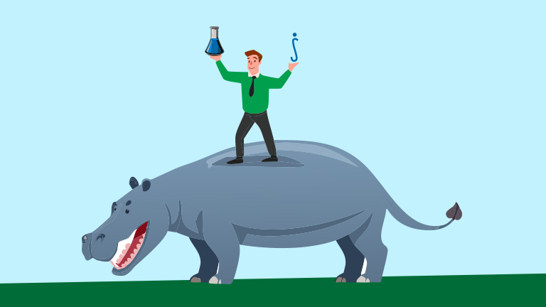 Cartoon drawing of a man standing on top of a hippo, with a flask in one hand and a data symbol in the other
