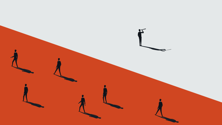 A single silhouette stands apart, in a grey background, from many others, in a red background