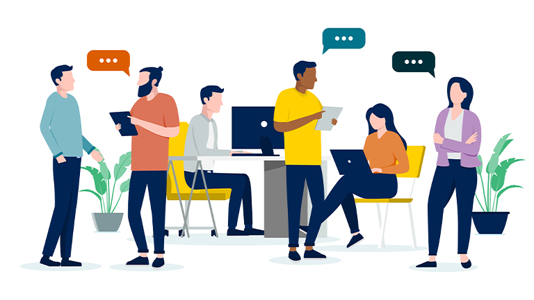 Drawing of faceless people in an office with speech bubbles over some of them