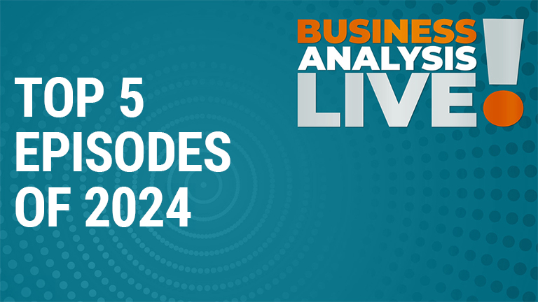 A blue banner with the text "Top 5 episodes of 2024" and "Business Analysis Live"